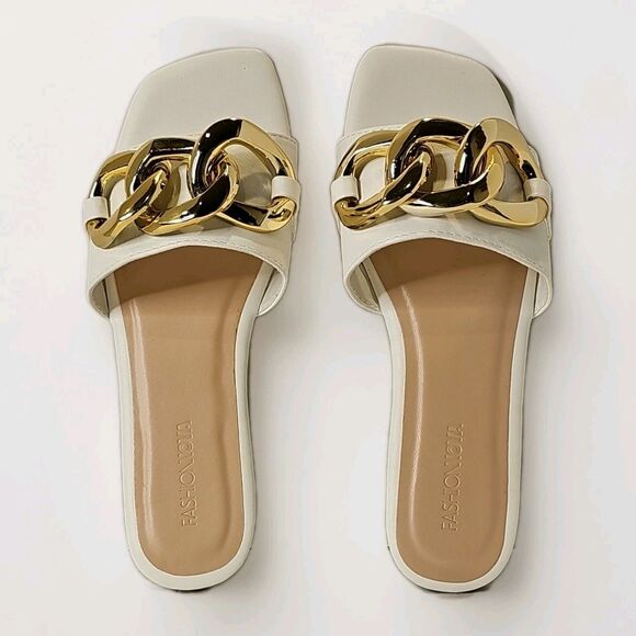 Fashion Nova Shoes - Fashion Nova White Square Toe Slide Sandals Gold Chain Link Flat Buckle Shoes 7